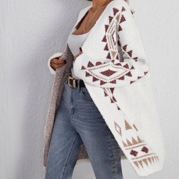 Cozy Tribal print Open Front Fuzzy Cardigan - Picture 3 of 4